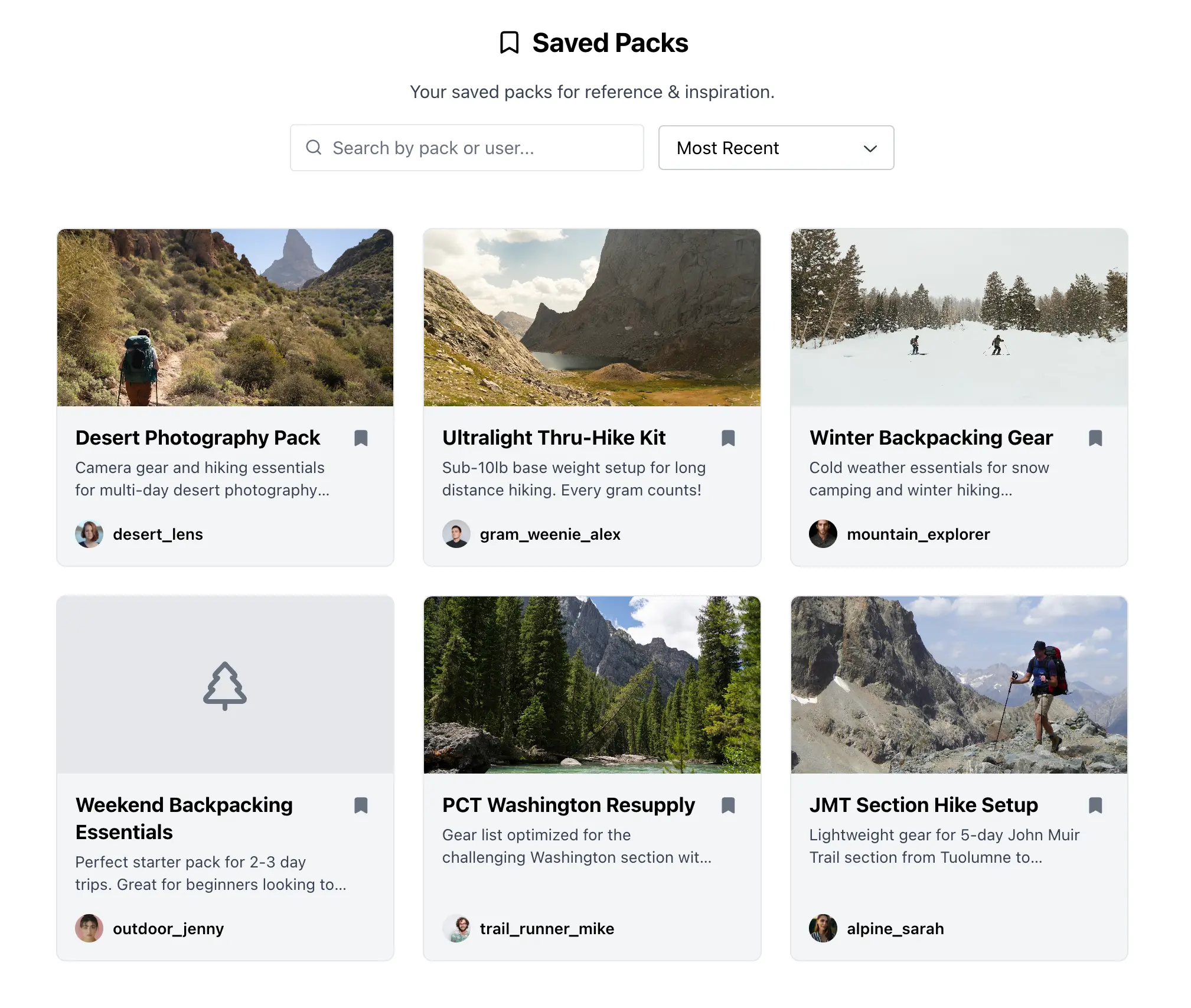TidyTrek saved packs page showing bookmarked gear setups