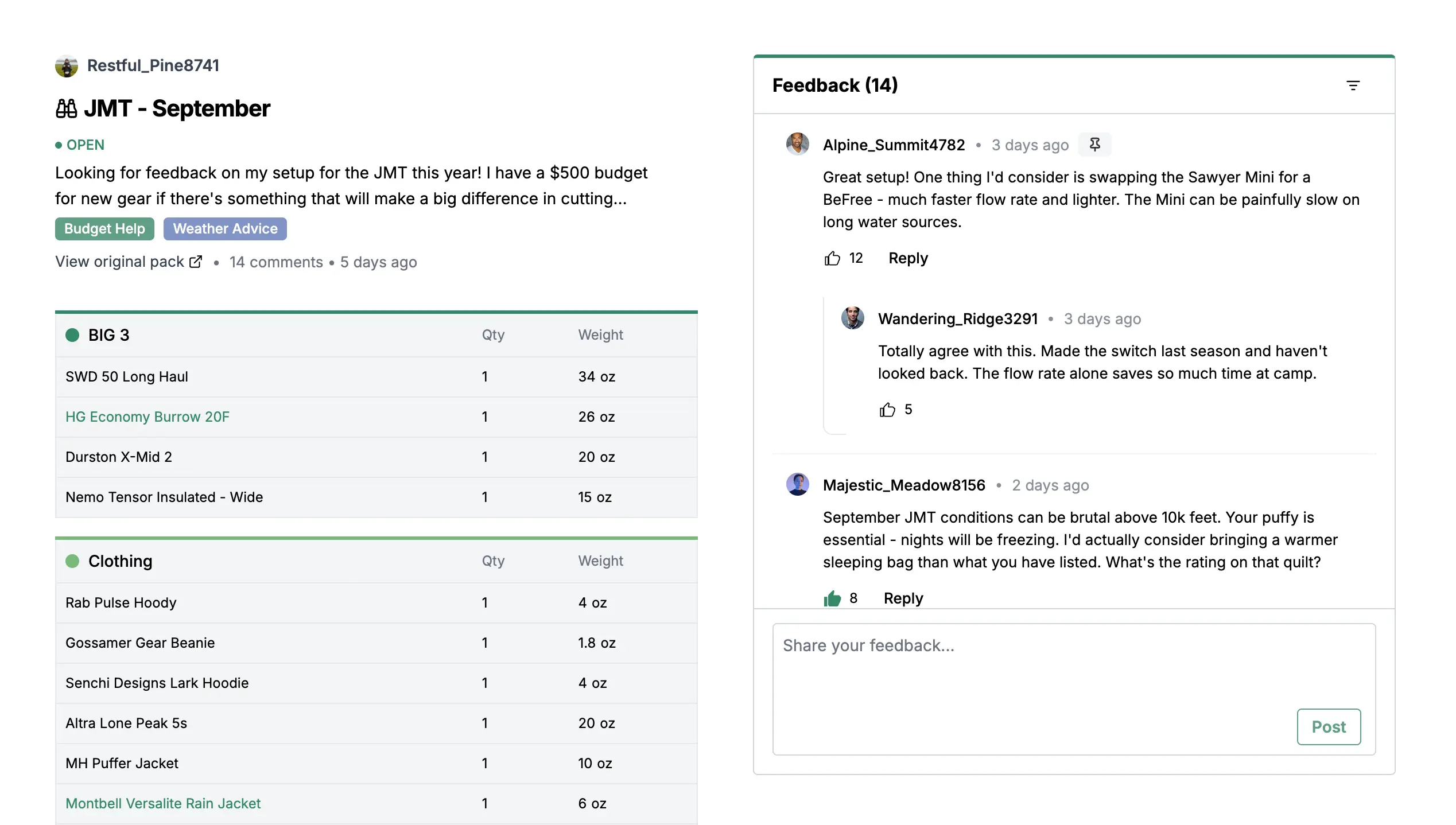 TidyTrek shakedown feature showing community feedback on a pack